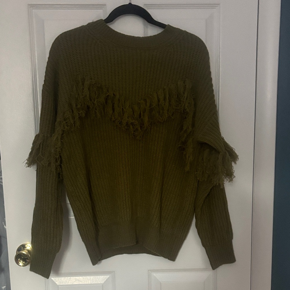 Pink Lily Olive Fringed Crew Neck Sweater